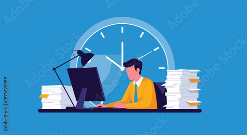 Hardworking businessman sitting at his desk with tall stacks of paper and a giant clock background for overtime and workload themes.