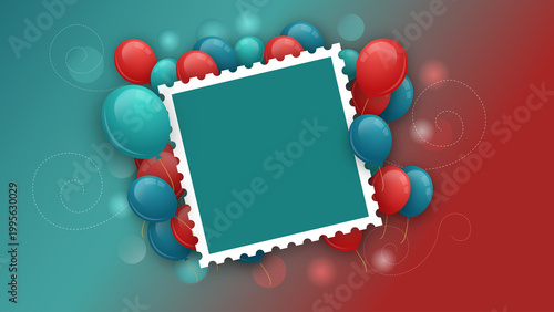 Elegant Birthday Card with Red and Blue Balloons Frame and Blank Photo Space