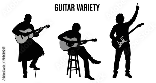 Guitar players in silhouette with acoustic and electric instruments