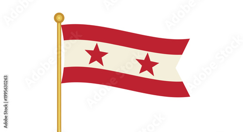 Rectangular white flag with red horizontal stripes and two central red stars waving on a gold pole for heraldry or national symbol design.