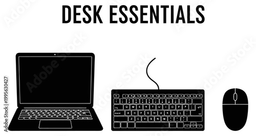 Laptop keyboard and mouse arranged on white background for digital content creation
