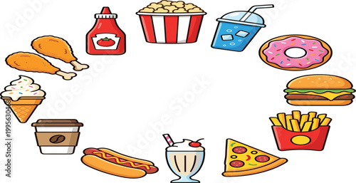Circular frame of delicious fast food icons featuring burger pizza french fries snacks and drinks for menu design.]