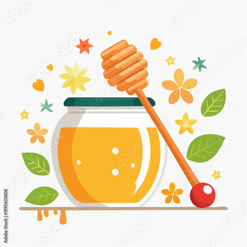 Jar of Honey with Dipper and Floral Decorations