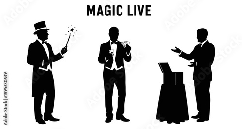 Magicians performing illusions with a wand cards and a box during a show
