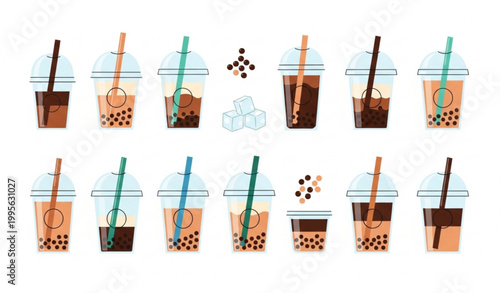 Set of iced coffee and bubble tea vector with takeaway drinks flat design collection