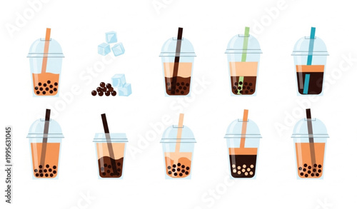 Set of iced coffee and bubble tea vector with takeaway drinks flat design collection