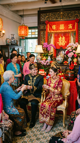 Peranakan wedding ceremony with couple in ornate attire surrounded by family celebrating in a decorated venue filled with floral arrangements.