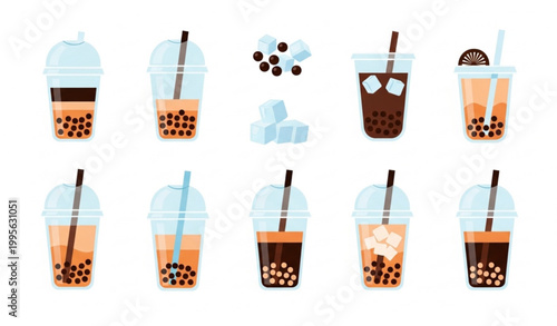 Set of iced coffee and bubble tea vector with takeaway drinks flat design collection