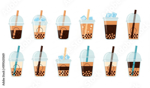 Set of iced coffee and bubble tea vector with takeaway drinks flat design collection