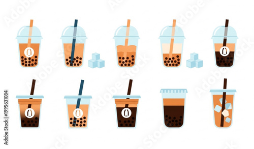 Set of iced coffee and bubble tea vector with takeaway drinks flat design collection