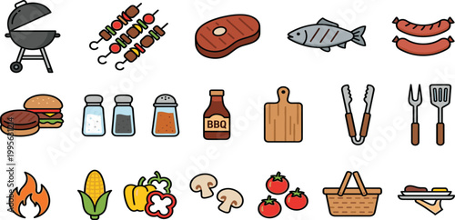 Collection of colorful BBQ and grill vector icons including food cooking tools vegetables and picnic equipment for design.