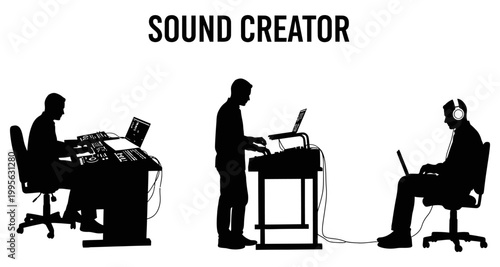 Musician silhouettes working with audio equipment and laptops in a studio environment