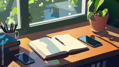 窓辺のデスクでの読書と勉強風景のベクターイラスト_1920x1080px