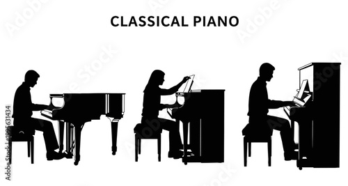 Musicians playing grand and upright pianos in silhouette against white background