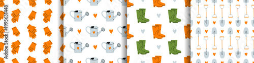 Vector seamless pattern set with cute gardening tools and hearts on white background. Gloves, watering can, rubber boot pairs and shovel. Spring agriculture farm prints, wrapping paper, eco design.