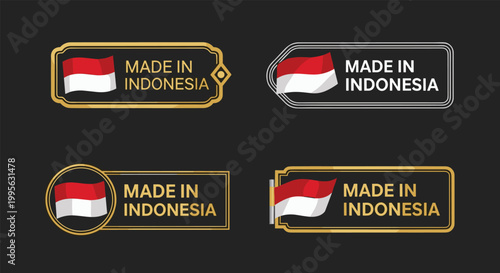 Collection of four different high quality product labels and gold badges with the Indonesian flag and made in Indonesia text on a dark background.