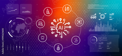 Artificial intelligence medical application and healthcare technology banner with digital brain for smart diagnostic systems and hospital management with data visualization and patient health tracking