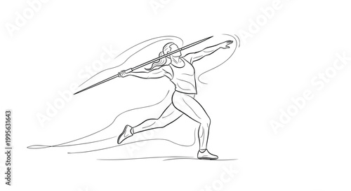 Dynamic black and white sketch of a focused female athlete in motion while preparing to throw a javelin during a track and field sports competition.