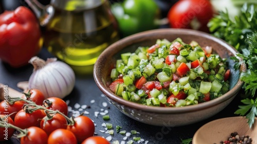 Green tomatoes are being chopped for relish or chutney. Onions, vinegar, and spices are laid out. A large ceramic bowl is filled with the bright green mixture