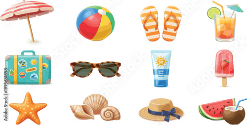 Collection of colorful beach vacation icons including umbrella sunglasses suitcase and tropical summer holiday accessories for travel design