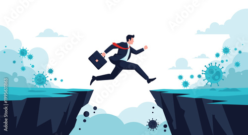 Determined businessman jumping over a deep rocky chasm to escape green virus particles symbolizing resilience and overcoming obstacles in life.