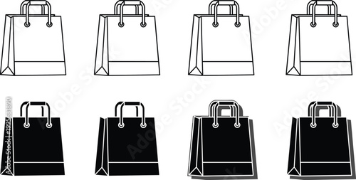 Black and White Shopping Bag Collection with Outline and Silhouette Style in Different Angles Vector Illustration Set