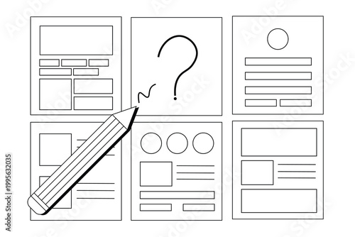 Design of vector. User experience design, desk with paper sketches for mobile interface.