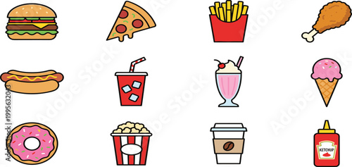 Collection of colorful fast food vector icons featuring burger pizza french fries hot dog soda ice cream and snacks.