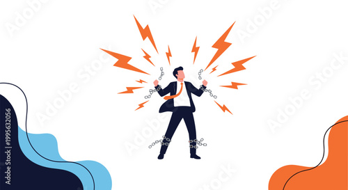 Powerful businessman breaking free from heavy iron chains while surrounded by intense orange lightning bolts symbolizing freedom and success.