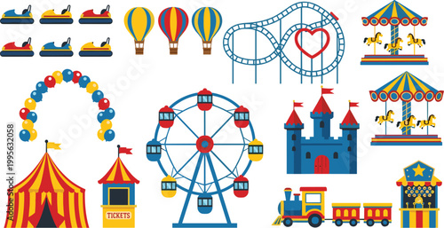 Colorful Carnival and Amusement Park Attractions: Bumper Cars, Ferris Wheel, Carousel, Hot Air Balloons, Ticket Booth, and Train