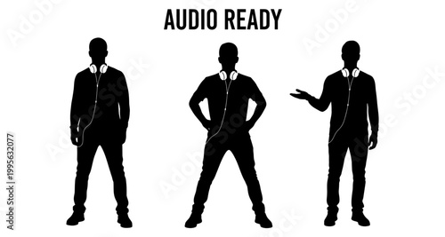 Silhouetted Man with Headphones in Three Poses Against White Background