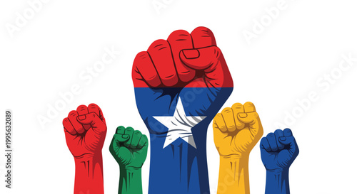 Group of raised fists in various colors and skin tones with one large central fist painted like the Chilean flag symbolizing unity and protest.