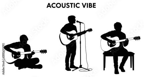 Silhouetted musicians playing acoustic guitars with microphone during performance