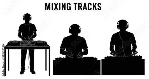Silhouettes of DJs performing at turntables with headphones on a white background