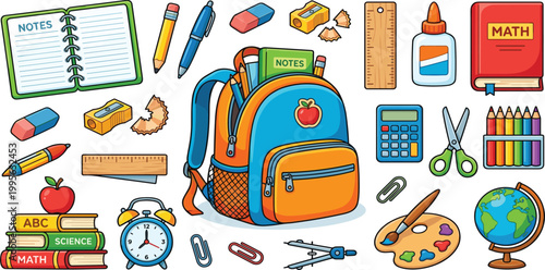 Collection of colorful school supplies and back to school items with a backpack and educational stationery icons
