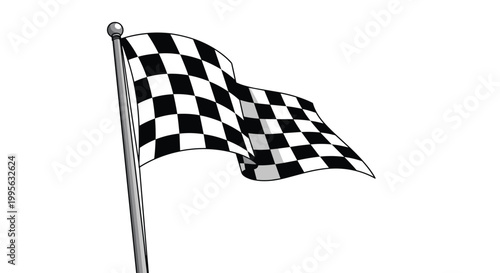 Checkered racing flag waving on a silver metal pole isolated on a white background represents speed, competition, finish line victory, and success.