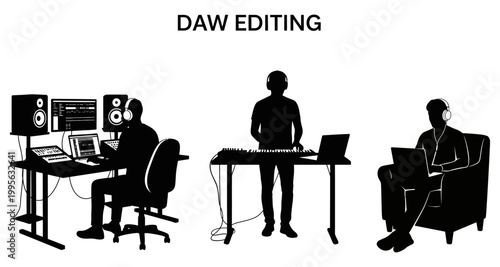 Silhouettes of musicians working with digital audio workstations in a studio environment