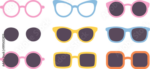 Set of colorful modern sunglasses and eyeglasses icons in flat vector style isolated on white background for summer fashion design.
