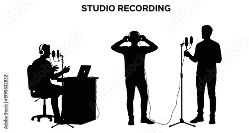 Silhouettes of people in a studio recording session with microphones and headphones