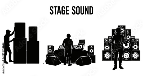 Silhouettes of people setting up concert sound equipment and DJing during a performance
