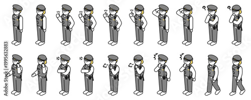 アイソメトリックイラスト：色々なポーズの警察官男女
