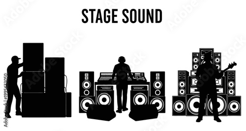 Silhouettes of sound engineers and musicians setting up stage audio equipment for a live concert