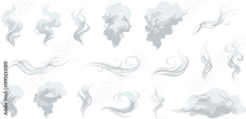 Collection of various smoke, steam, fog, and cloud vector elements for graphic design and atmospheric effects illustration