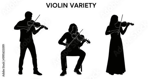 Silhouettes of three diverse musicians playing violins in different poses against a white background
