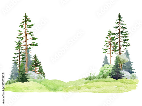 Forest landscape clipart watercolor illustration with pine trees hills and greenery, hand drawn conifer woodland scene composition, natural backdrop png isolated on transparent background.