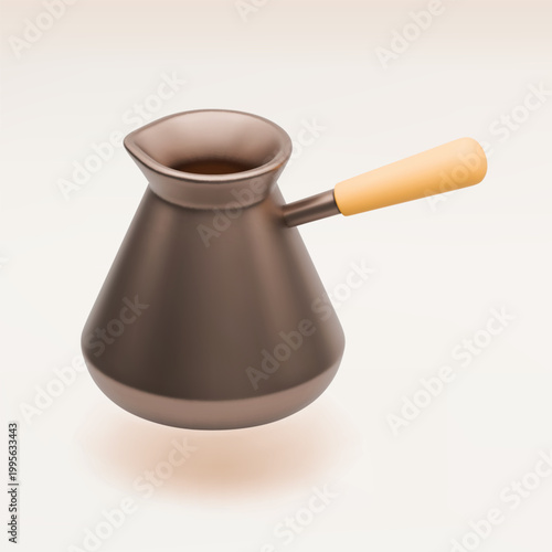 3D Turkish coffee maker icon. Realistic vector turk for preparing coffee, espresso. Metallic pot cup with wooden handle. Cafe and coffee shop concept