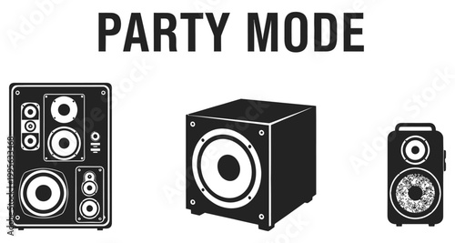 Three audio speakers with text PARTY MODE in bold black lettering