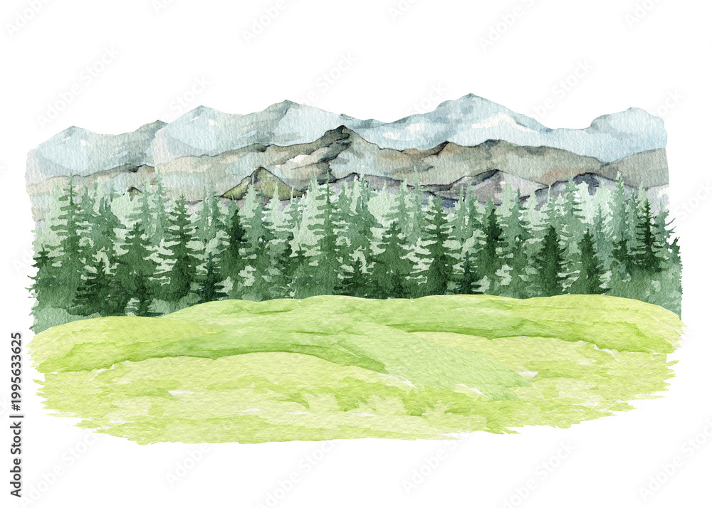 Fototapeta premium Watercolor mountain landscape with pine forest and grassy meadow, hand drawn botanical clipart, natural scenic backdrop isolated on transparent background for design and illustration