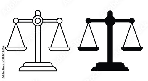 Two scales of justice depicted in contrasting black and white styles