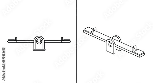 Line drawing and isometric view of a children s seesaw